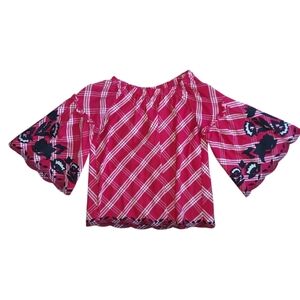 Red Plaid Off-Shoulder Top with Black Floral Embroidery